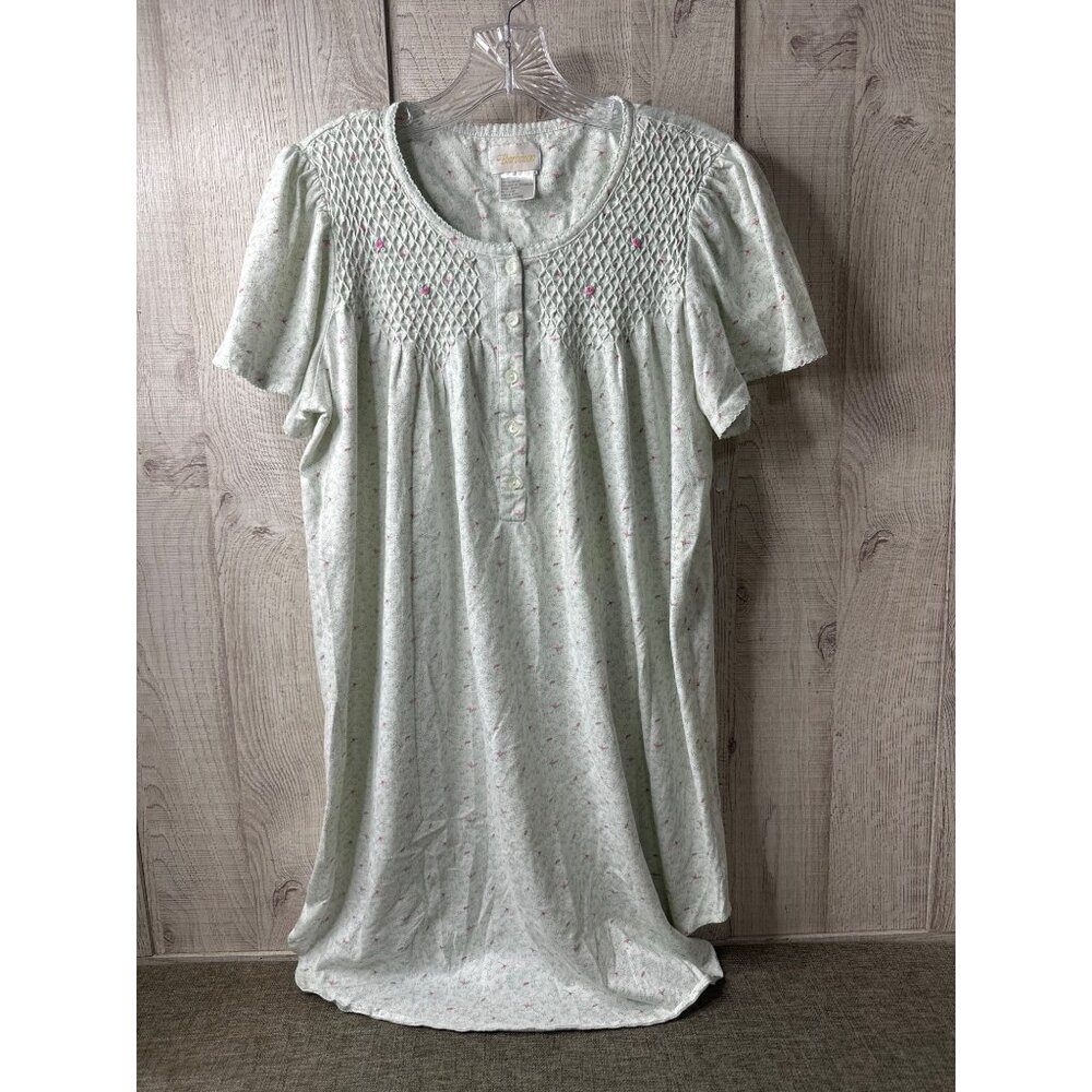 Bartizon Womens Floral Print Nightgown M Short Sleeves Light Green & Pink
